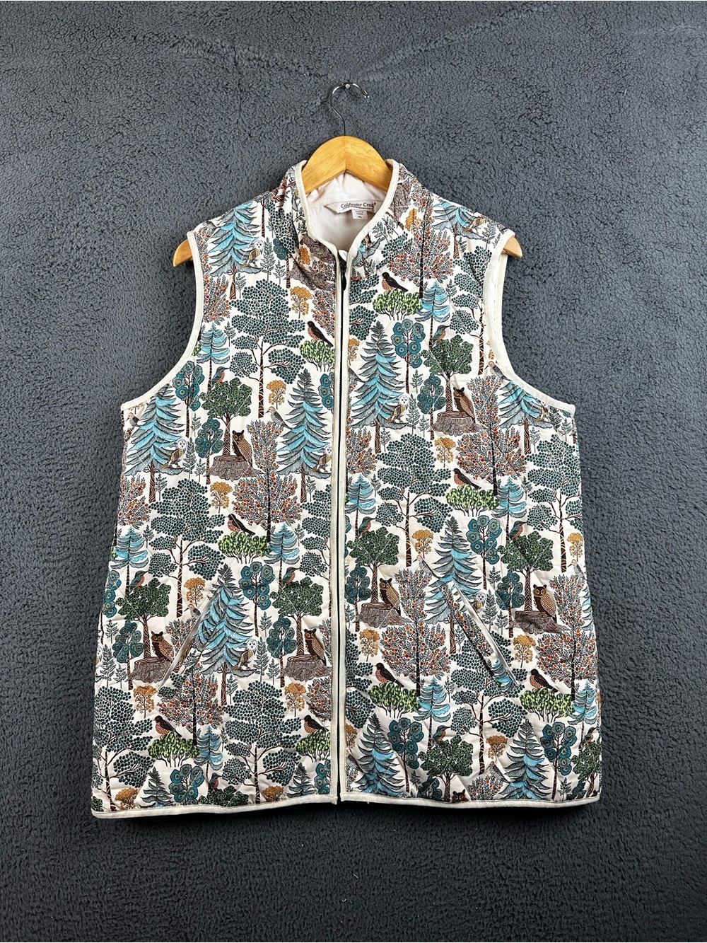 Coldwater Creek Woodland Forest Owl Bird Quilted Zip Front Vest Womens XL Multi